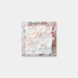 Monogram lace floral pink pastel orchid flowers post-it notes