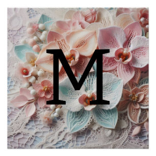 Monogram lace floral pink pastel orchid flowers  poster