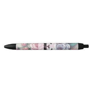 Monogram lace floral pink purple blue roses black ink pen