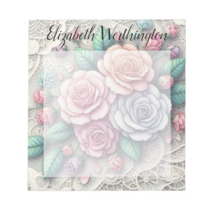 Monogram lace floral pink purple blue roses notepad
