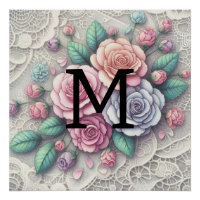 Monogram lace floral pink purple blue roses