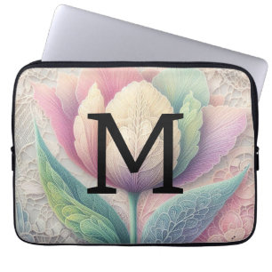 Monogram lace floral pink purple blue tulip flower laptop sleeve