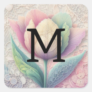 Monogram lace floral pink purple blue tulip flower square sticker