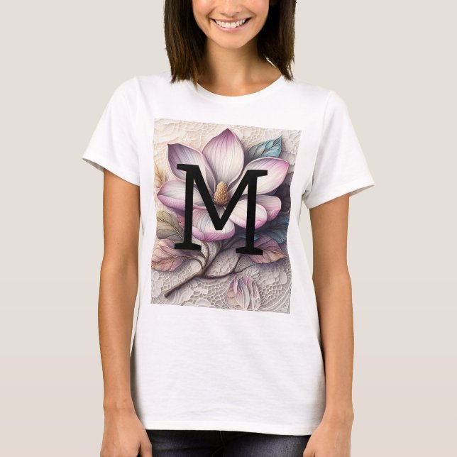 Monogram lace floral pink purple magnolia flower T-Shirt (Front)