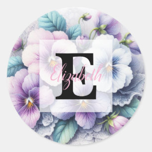 Monogram lace floral pink purple pansies flowers classic round sticker
