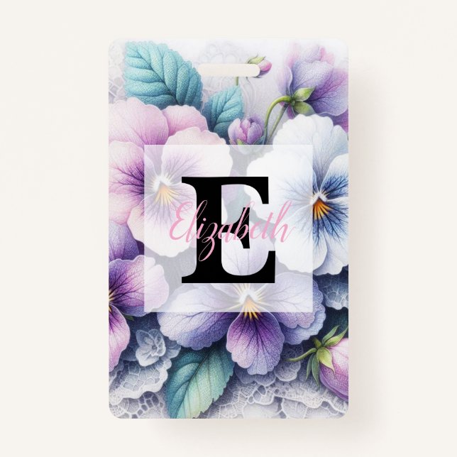 Monogram lace floral pink purple pansies flowers  ID badge (Front)