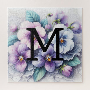 Monogram lace floral pink purple pansies flowers  jigsaw puzzle