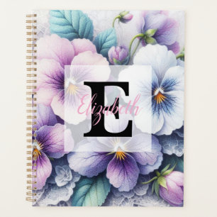 Monogram lace floral pink purple pansies flowers planner