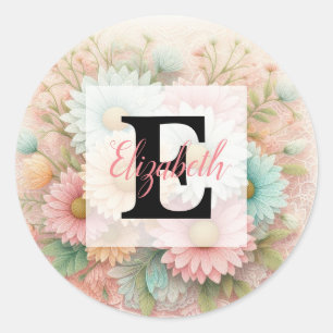 Monogram lace floral pink white blue daisies  classic round sticker