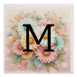 Monogram lace floral pink white blue daisies poster