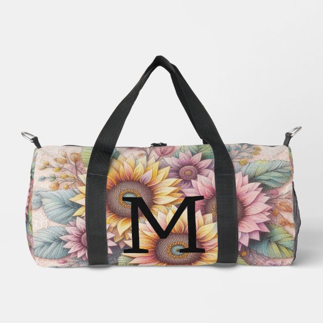 Monogram lace floral pink yellow orange sunflowers duffle bag (Front)