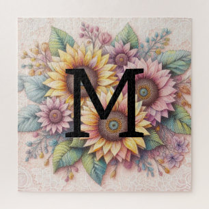 Monogram lace floral pink yellow orange sunflowers jigsaw puzzle