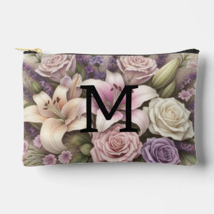 Monogram lace floral purple roses lavender lilies  accessory pouch