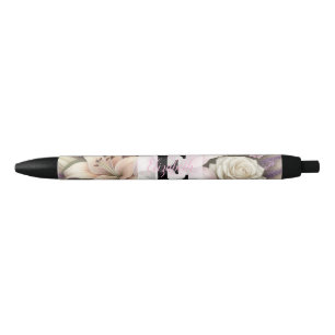 Monogram lace floral purple roses lavender lilies black ink pen