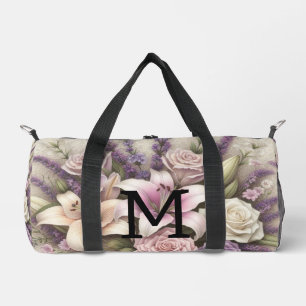 Monogram lace floral purple roses lavender lilies duffle bag