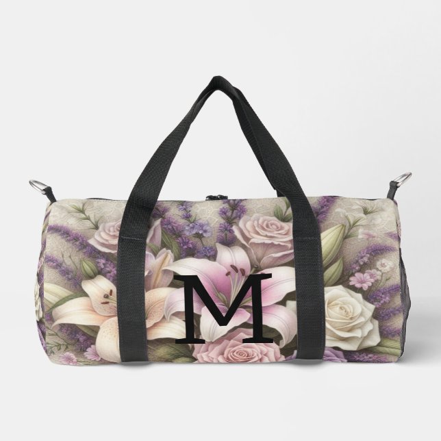 Monogram lace floral purple roses lavender lilies  duffle bag (Front)