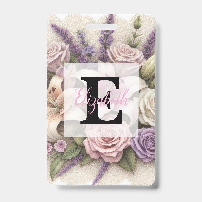 Monogram lace floral purple roses lavender lilies  ID badge (Front)