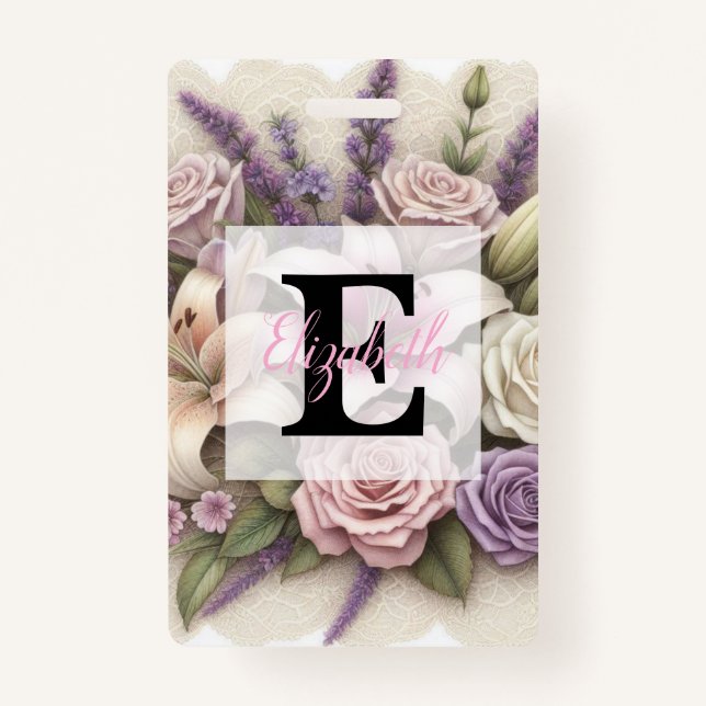 Monogram lace floral purple roses lavender lilies  ID badge (Front)