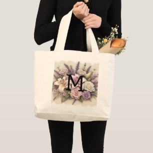 Monogram lace floral purple roses lavender lilies large tote bag