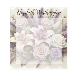 Monogram lace floral purple roses lavender lilies notepad