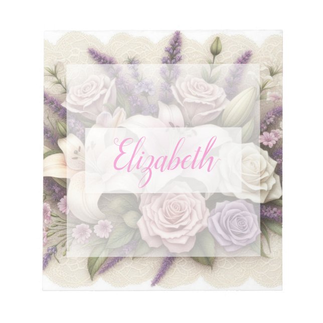 Monogram lace floral purple roses lavender lilies  notepad (Front)