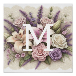 Monogram lace floral purple roses lavender lilies poster