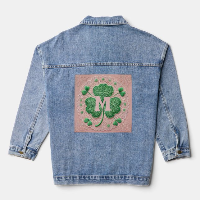 Monogram lace green shamrock St Patrick's day  Denim Jacket (Back)