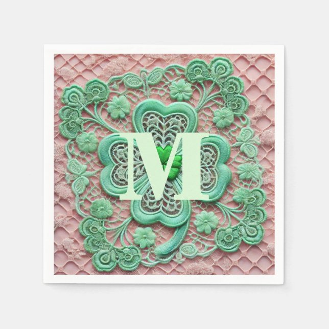 Monogram lace green shamrock St Patrick's day  Napkin (Front)