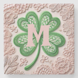 Monogram lace green shamrock St Patrick's day Stone Coaster