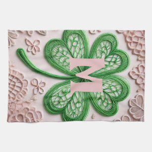 Monogram lace green shamrock St Patrick's day Tea Towel