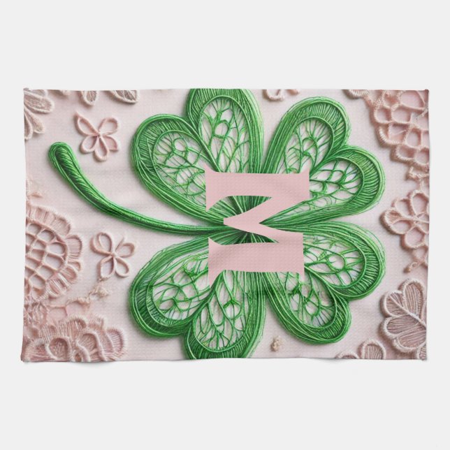 Monogram lace green shamrock St Patrick's day  Tea Towel (Horizontal)