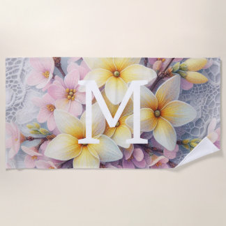 Monogram lace pink and yellow Spring flowers  Beach Towel