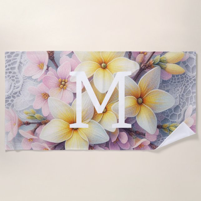Monogram lace pink and yellow Spring flowers  Beach Towel (Front)