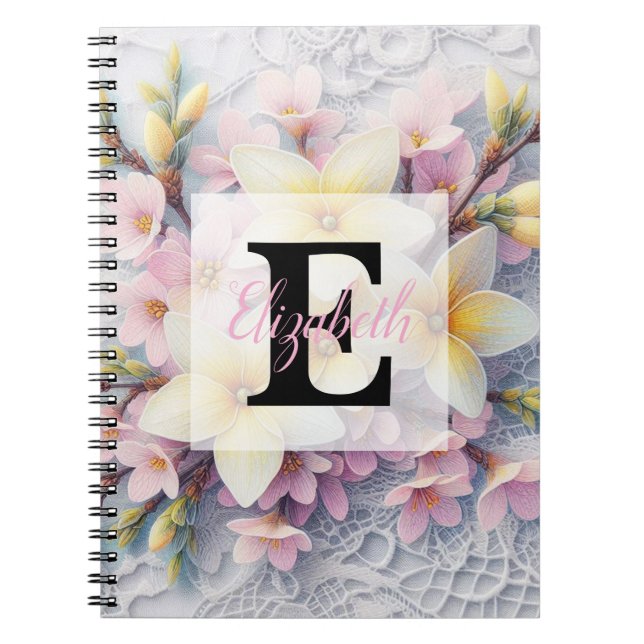 Monogram lace pink and yellow Spring flowers  Notebook (Front)