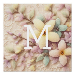Monogram lace pink and yellow Spring flowers Poster