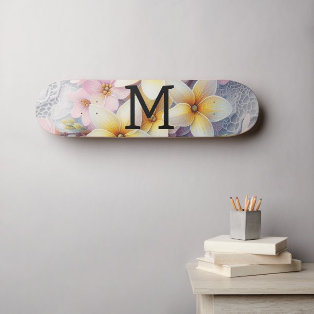 Monogram lace pink and yellow Spring flowers  Skateboard (Wall Art (Horz))