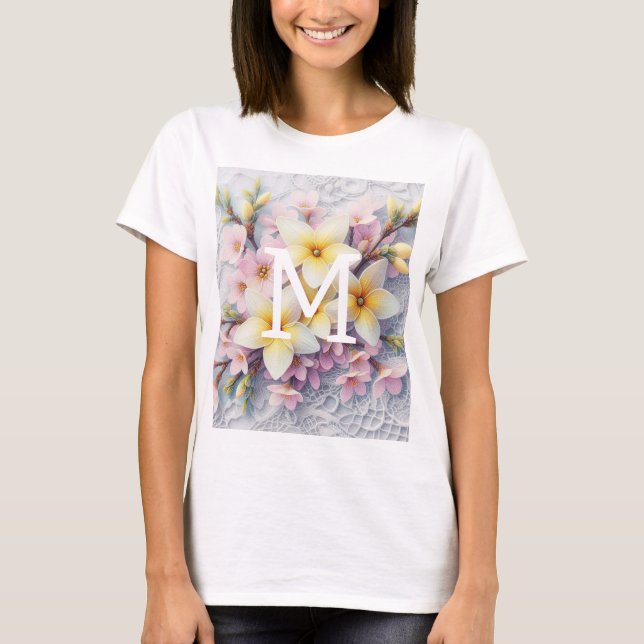 Monogram lace pink and yellow Spring flowers  T-Shirt (Front)