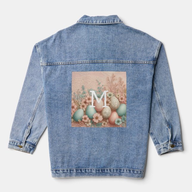 Monogram lace pink floral Easter eggs and flowers  Denim Jacket (Back)