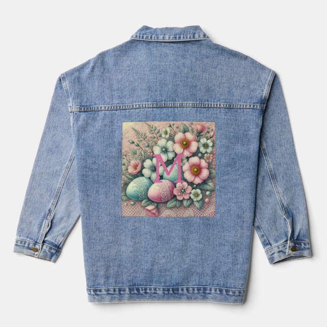 Monogram lace pink floral Easter eggs in a basket  Denim Jacket (Back)