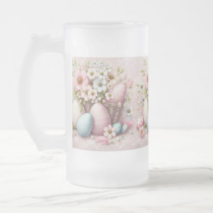Monogram lace pink floral Easter eggs in a basket Frosted Glass Beer Mug