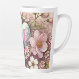 Monogram lace pink floral Easter eggs in a basket Latte Mug