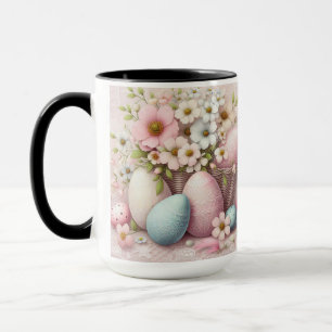 Monogram lace pink floral Easter eggs in a basket  Mug