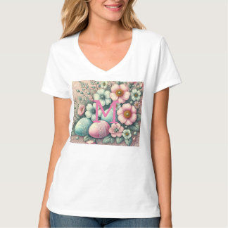 Monogram lace pink floral Easter eggs in a basket  T-Shirt