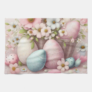 Monogram lace pink floral Easter eggs in a basket Tea Towel