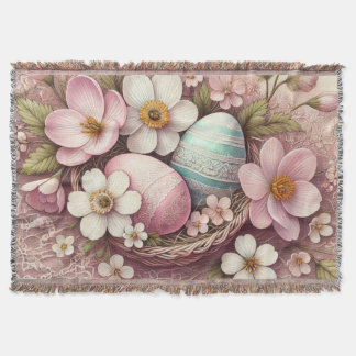 Monogram lace pink floral Easter eggs in a basket Throw Blanket