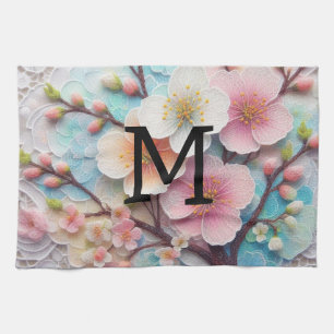 Monogram lace pink floral pastel cherry blossom tea towel