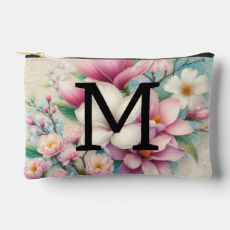 Monogram lace pink purple magnolias flowers accessory pouch