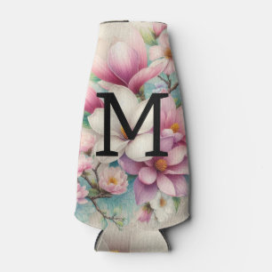 Monogram lace pink purple magnolias flowers bottle cooler