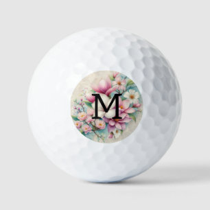 Monogram lace pink purple magnolias flowers golf balls