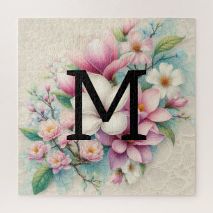 Monogram lace pink purple magnolias flowers  jigsaw puzzle